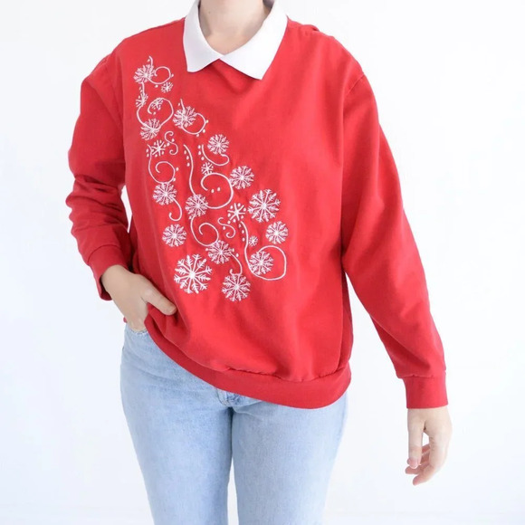 Vintage Anthony Richards Christmas Snowflakes Red Collared  CrewNeck Sweater M - Picture 1 of 12